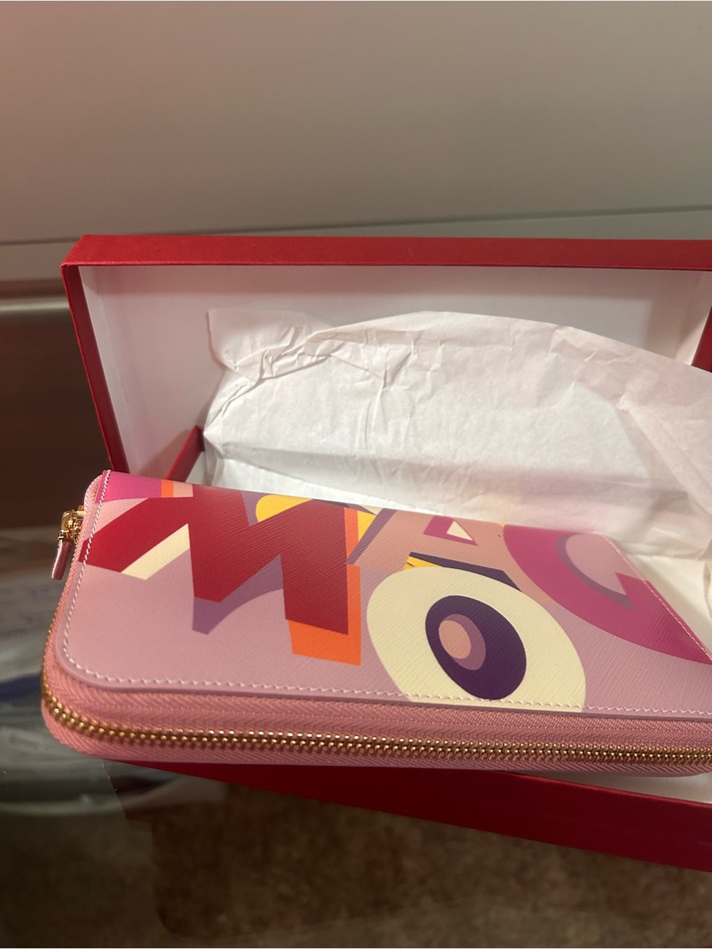 Salvatore Ferragamo Pink Multicolor Graphic Zip Wallet with Gold Hardware